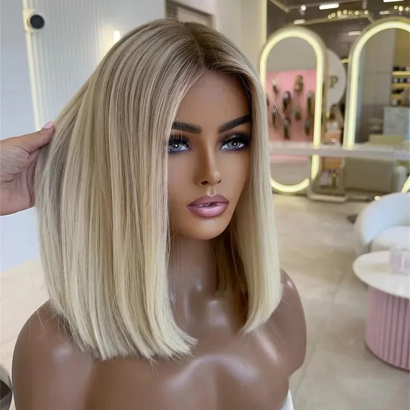 

Ombre Platinum Blonde Wigs 13x4 HD Short Bob Medium Part Glueless Pre Plucked Synthetic And Blend Lace Wigs High Quality