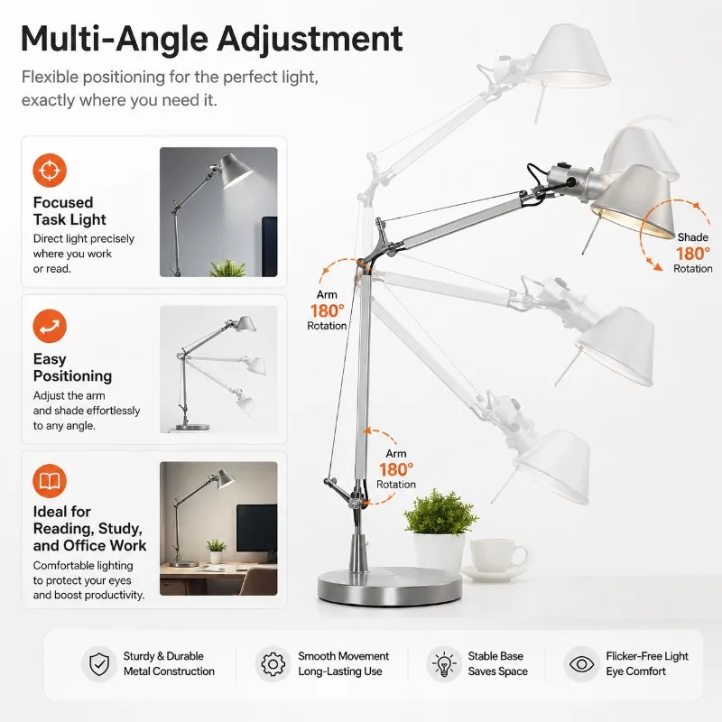 Modern Adjustable Swing Arm Desk Lamp Metal LED Table Light Study Office Bedroom Task Reading Lamp Home Decor  Fixture