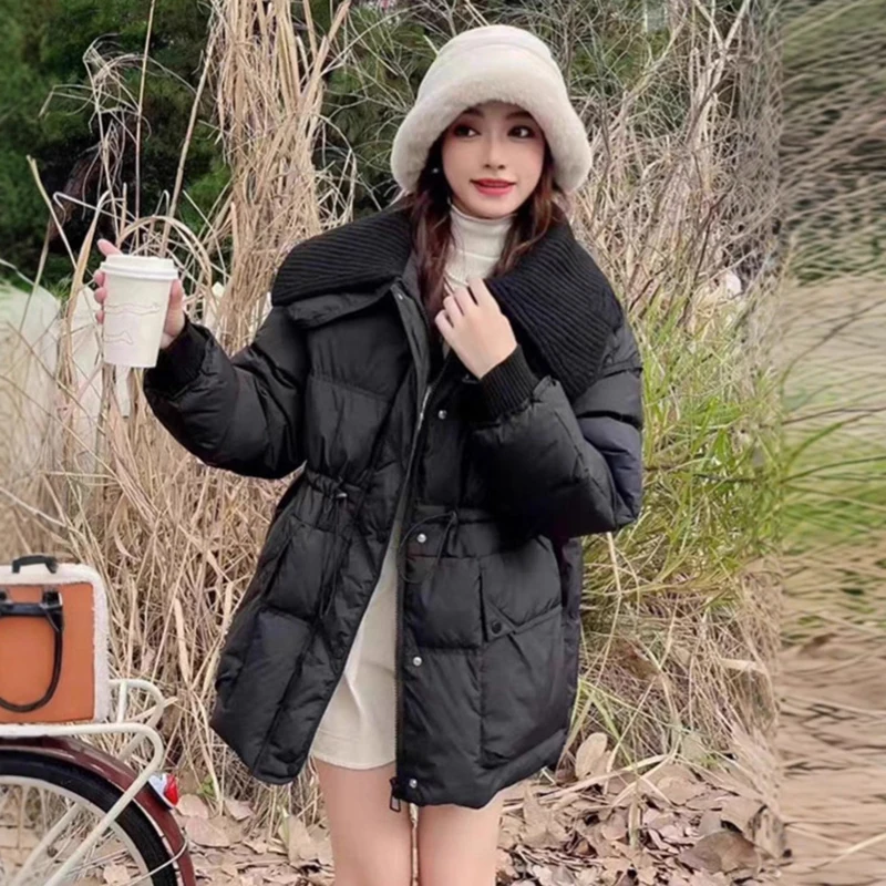 الشتاء متماسكة التلبيب لصق منتصف طول أسفل سترة الإناث الرباط سميكة الدافئة سترة المرأة الأبيض بطة أسفل جيب باركر أبلى