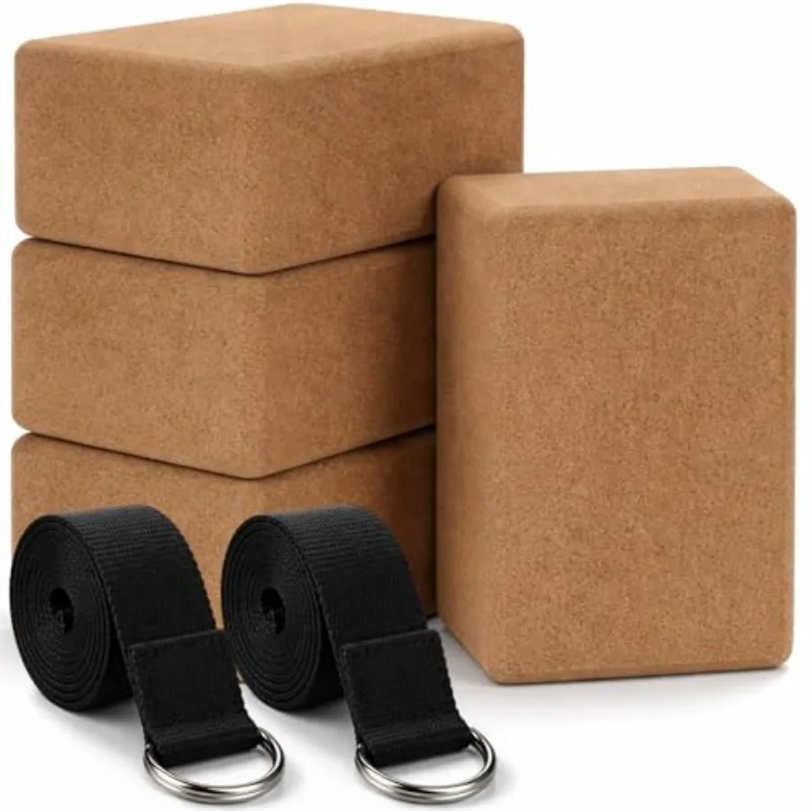 6 Pcs Cork Yoga Blocks with Straps 9 x 6 x 4 Inch Cork Yoga Brick 8.2 FT Strap Non Slip High Density Bricks Exercise Blocks for