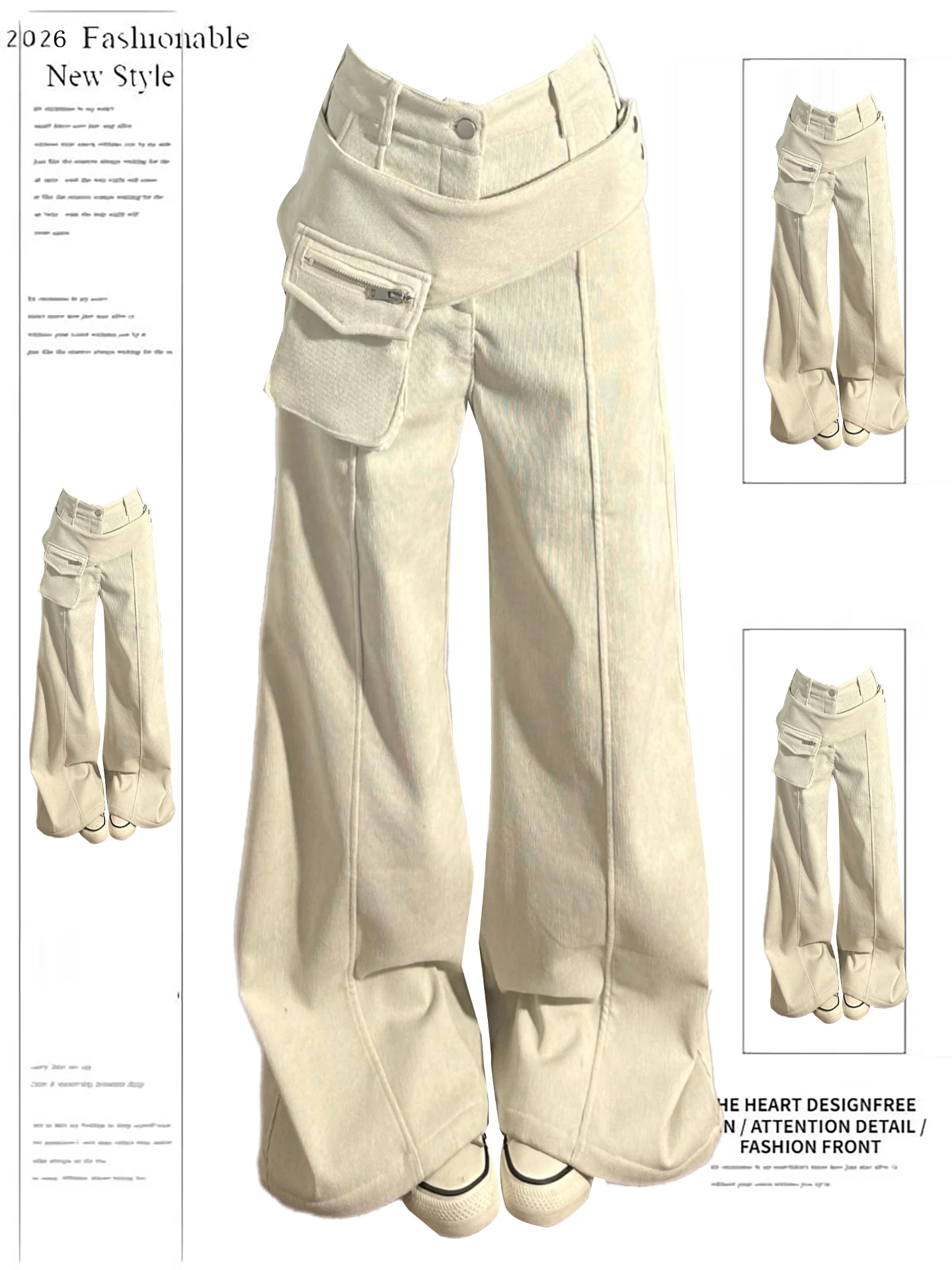 

White Loose Straight Leg Workwear Pants Women's Sle Spring New Design Bell Bot Trousers Casual High Waist ket Detail