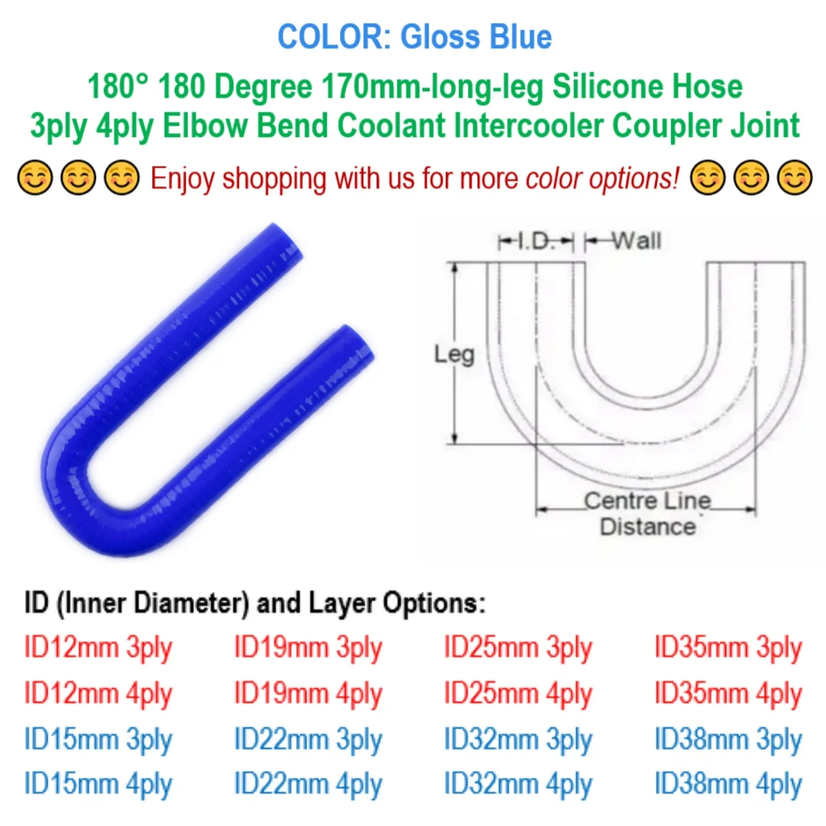 

Gloss Blue 180° 180 Degree Elbow Bend 3ply 4ply 170mm-long-leg Silicone Hose ID 12mm 15mm 19mm 22m 25mm 32mm 35mm 38mm