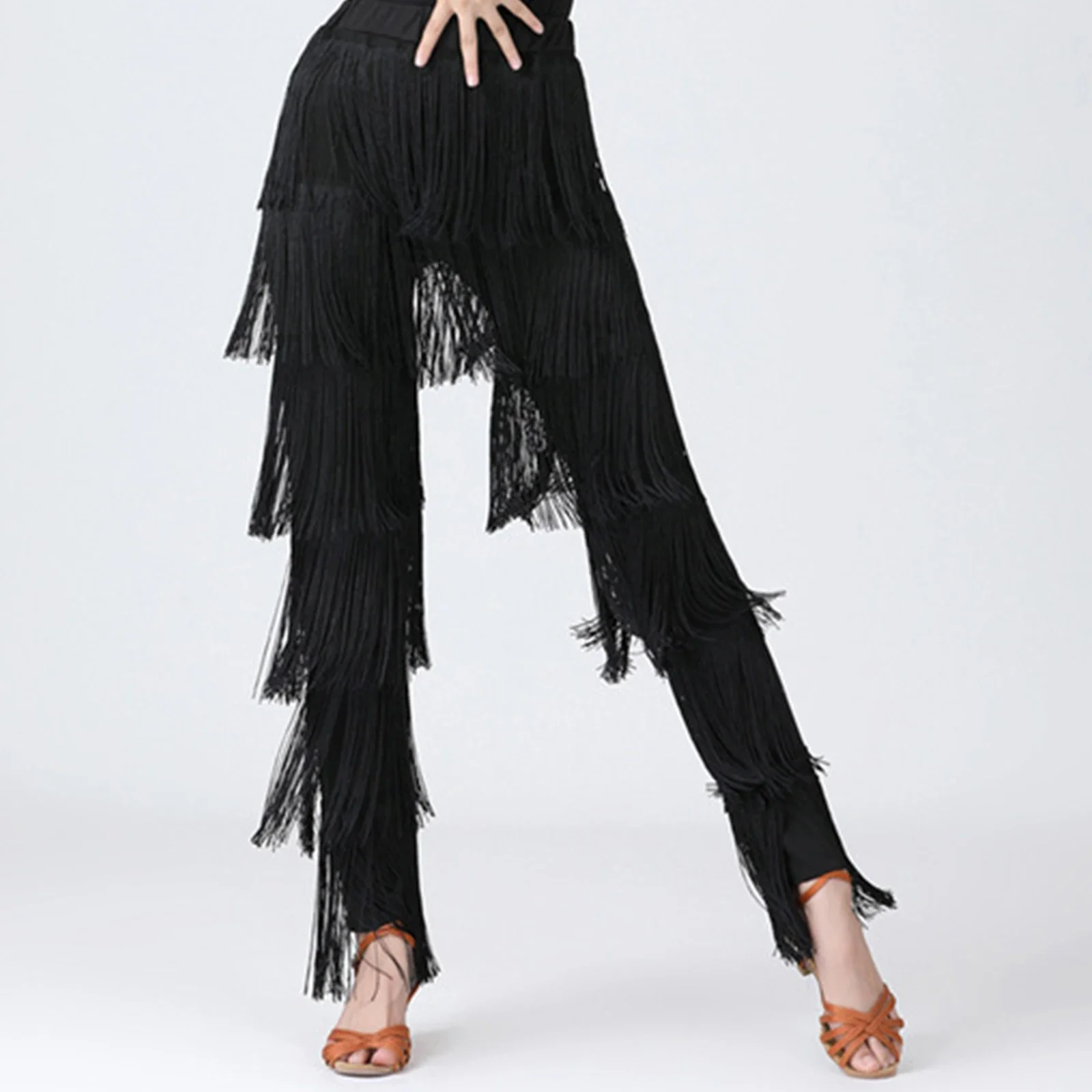 

Women Latin Dance Tassel Pants Modern Ballroom Dancing Tiered Fringe Trousers Rumba Tango Salsa Performance Practice Costume