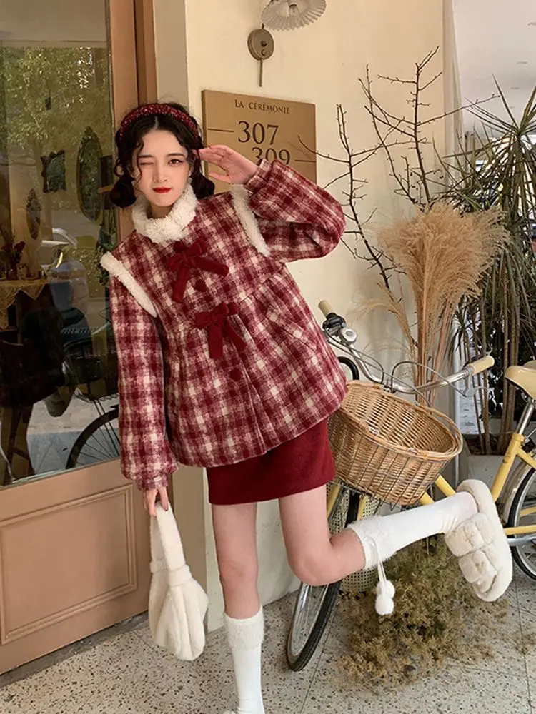 

Japan Christmas Clothing, Women'S New Year'S Shirt, Preppy Style Red Short Woolen Woolen Suit Skirt