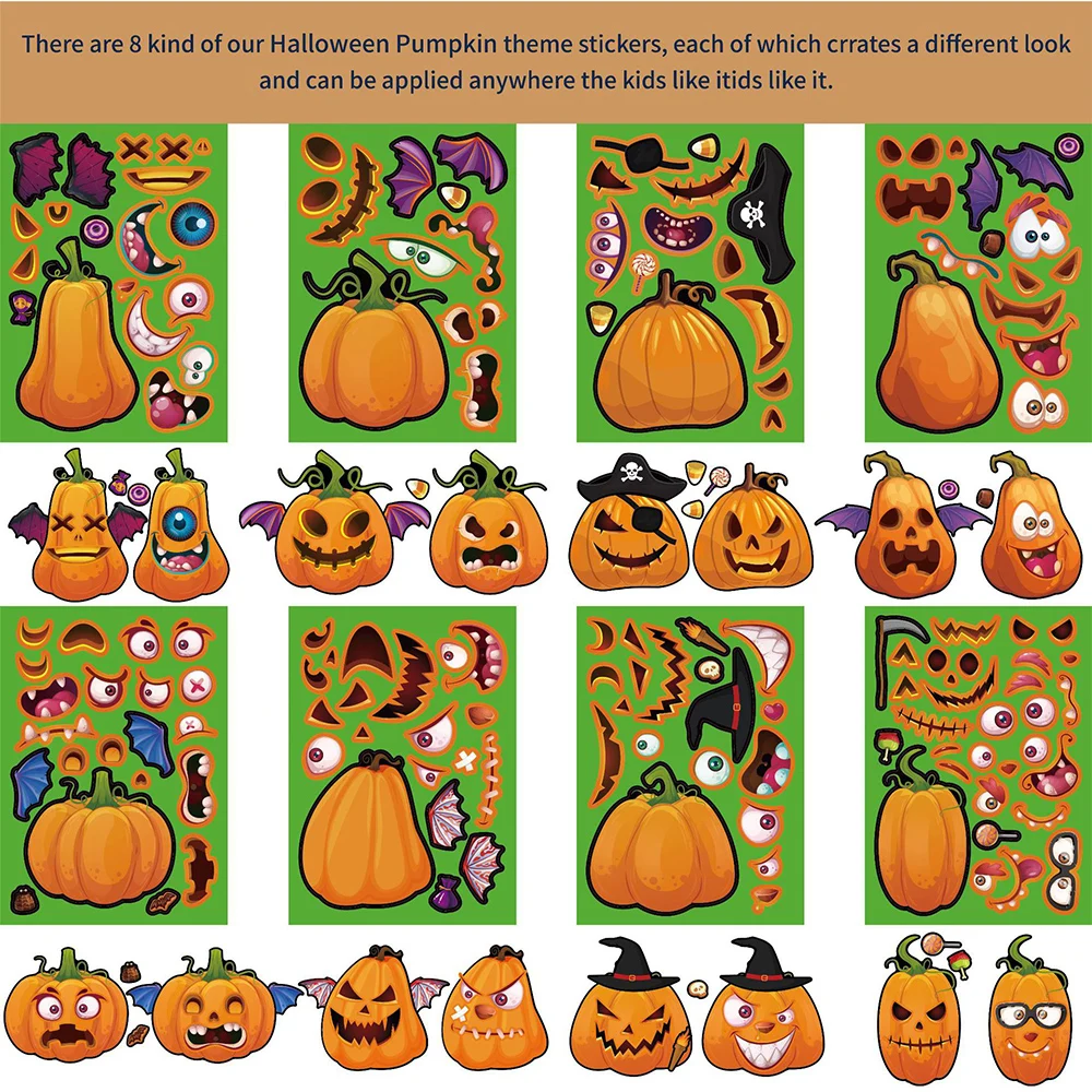 Halloween Cartoon Puzzle Adesivos para Crianças, Faça um Rosto, Abóbora Montar, Jogo Educativo, Brinquedo DIY, Presentes para Crianças, 8 Folhas, 16 Folhas