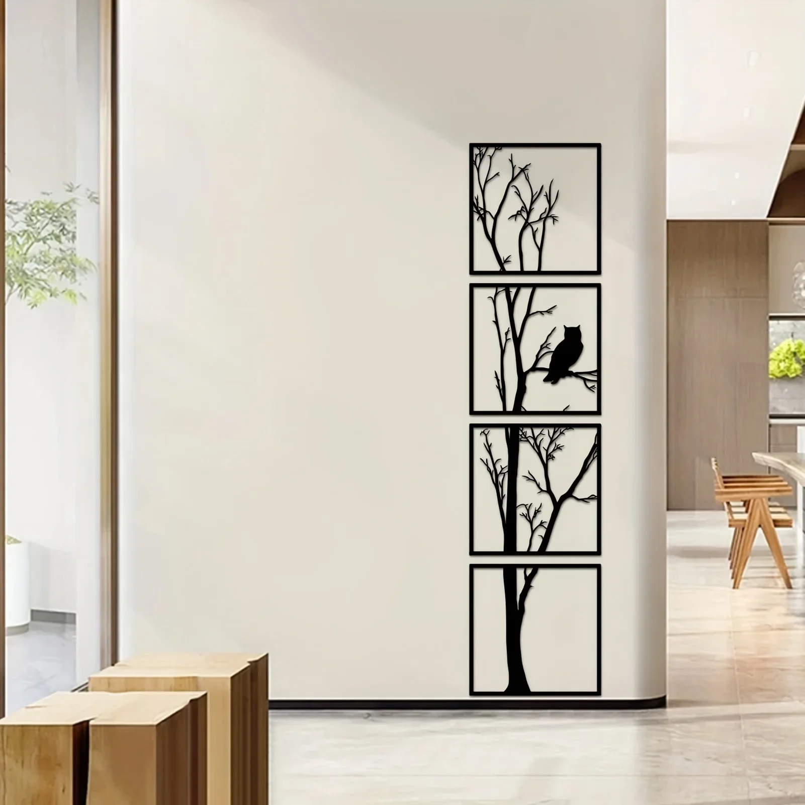 4pcs/set Owl Tree Branch Wall Mounted Art, Black Metal Wall Decoration, Bedroom Livingroom Decor Study Office Home Decoration