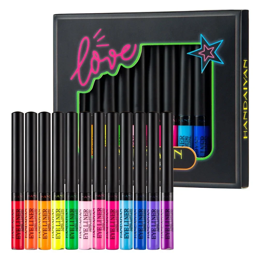 12Pcs/box Neon Eyeliner Pen Kit UV Light Pastels Waterproof Liquid Eyeliner Pencil Set Cosmetics Pastel-Black Light Eyes Make Up