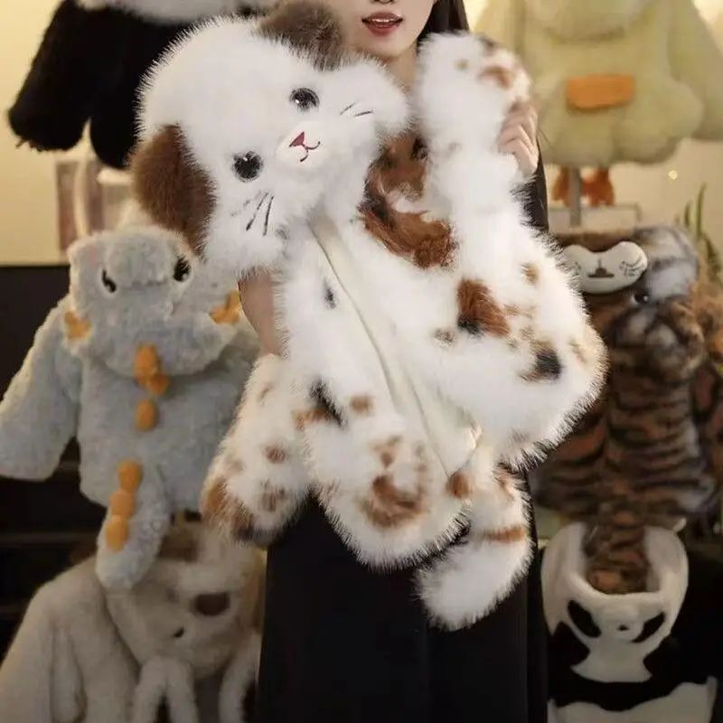 

Sanrio Hello Kitty Girls Fluffy Cat Print Fleece Cotton Jacket 2025 New Winter Warm Coats Cute Soft Outerwear For Kids Kawaii