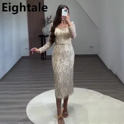 Beige Mermaid Knee Length Shinning Evening Dress Long Sleeve Luxury 2023 Sequined Formal Prom Dress Dubai Party Gown Customized