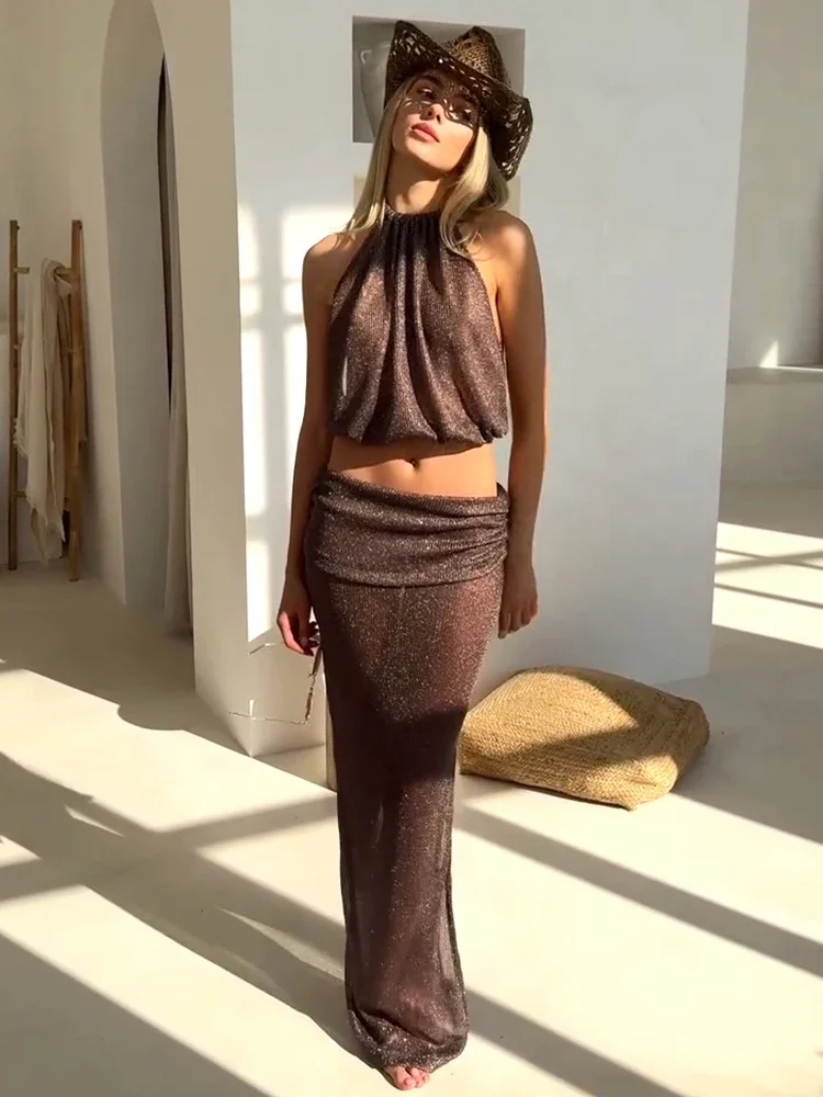 2025年夏 セクシーニットセット シースルー バックレス レースアップトップ ビーチ ハーフスカート ツーピース水着 カバーアップ レディース パーティー衣装 K167