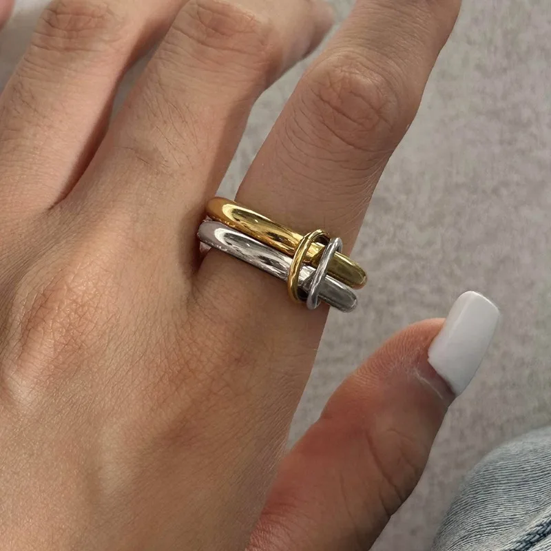 Anillos de dedo indext de bucle de hebra de múltiples capas para mujer, anillo chapado en oro de acero inoxidable sin plomo ni níquel, joyería con dijes 2025