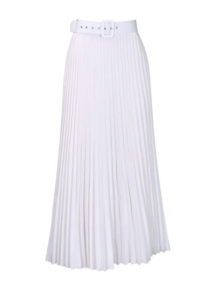 High Waist Pleated Skirt with Belt Casual Sle Women's  Skirt Gathered A-Line Silhouette Elastic Waist Other Material