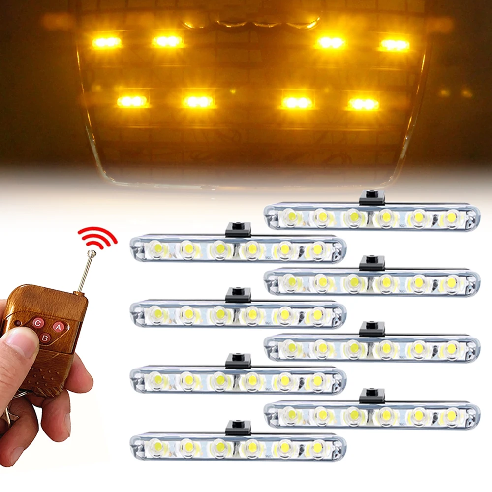 Yellow 6 LED Car Bumper Grille Light with Wireless Remote Control LED Emergency Strobe Lights Vehicle Grid Flash Signal Lamp 12V
