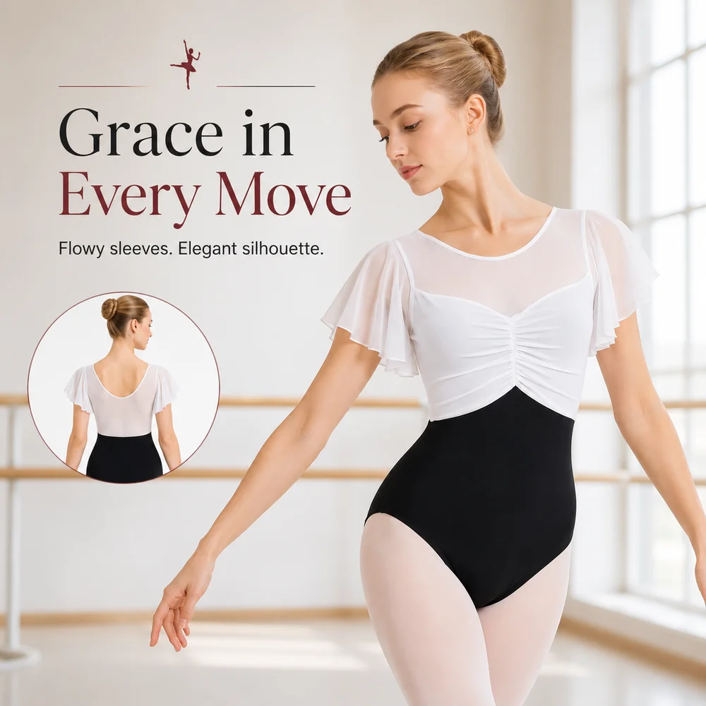 Women Ballet Leotard Mesh Short Flutter Sleeves Ruched Front Stretch Dance Bodysuit with Removable Pads