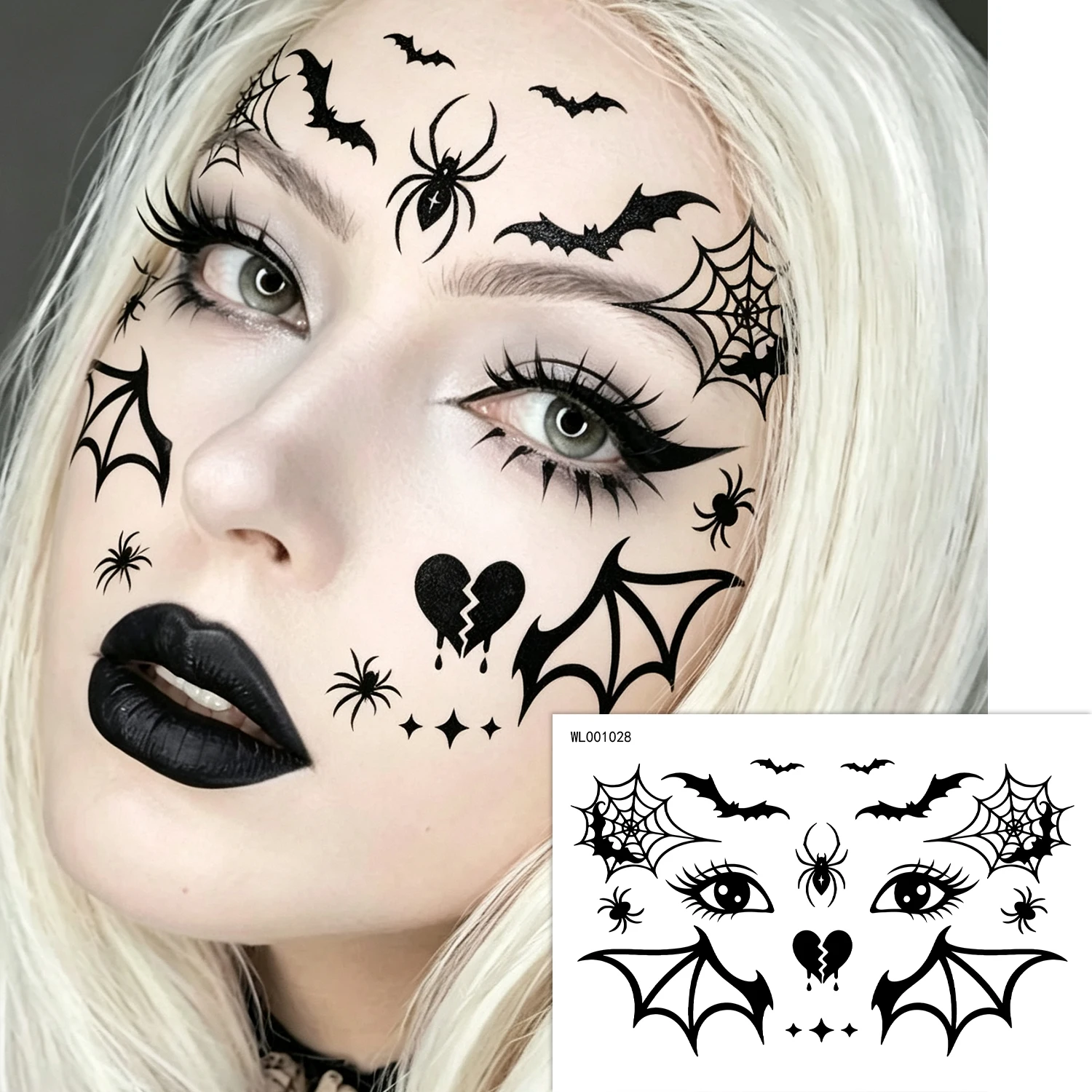 12 Stück Gruselige Halloween-Gesichtstattoos Spinnennetz Fledermaus Skelett Aufkleber Wasserdicht Glitzer Temporäres Tattoo Halloween Cosplay Party * – Detail 5