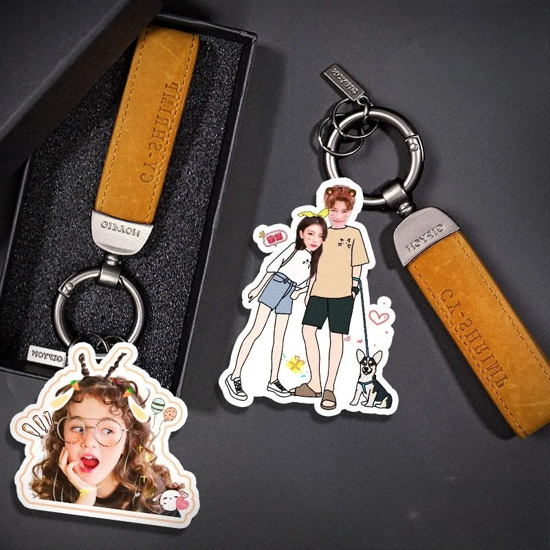 

Car Keychain Couple Parent Child DIY Custom Photo Creative Acrylic Double Side Pendant Cartoon Avatar Custom For Women Gift