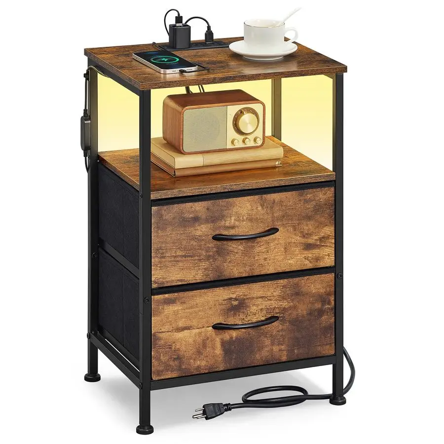 

Прикроватная тумбочка с зарядной станцией и регулируемой LED-подсветкой с управлением через приложение, 2 выдвижных ящика и 1 открытый отсек