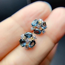 MeiBaPJ Real 925 Sterling Silver Natural London Blue Topaz Classic Flower Stud Earrings Fine Charm Party Jewelry for Women