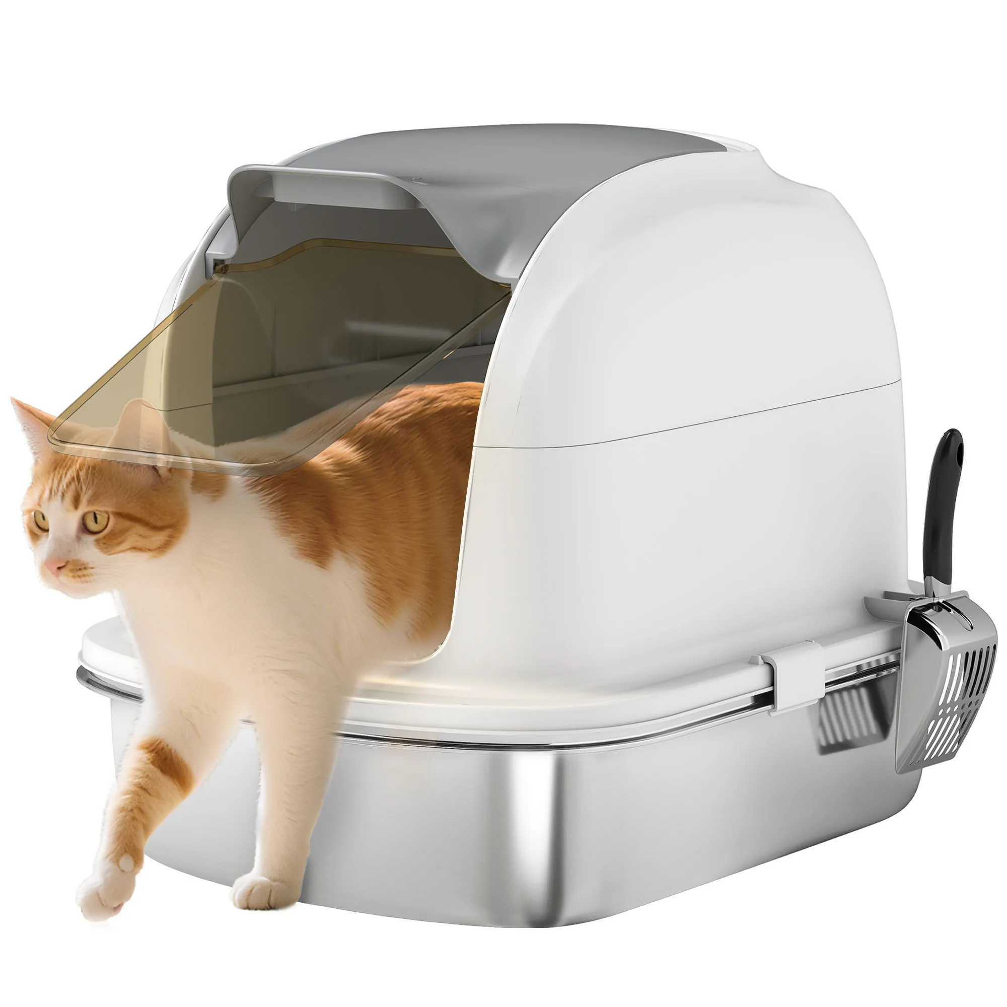 Arenero para Gatos de Acero Inoxidable XL con Tapa Abatible Laterales Altos Entrada Superior Pala Blanco