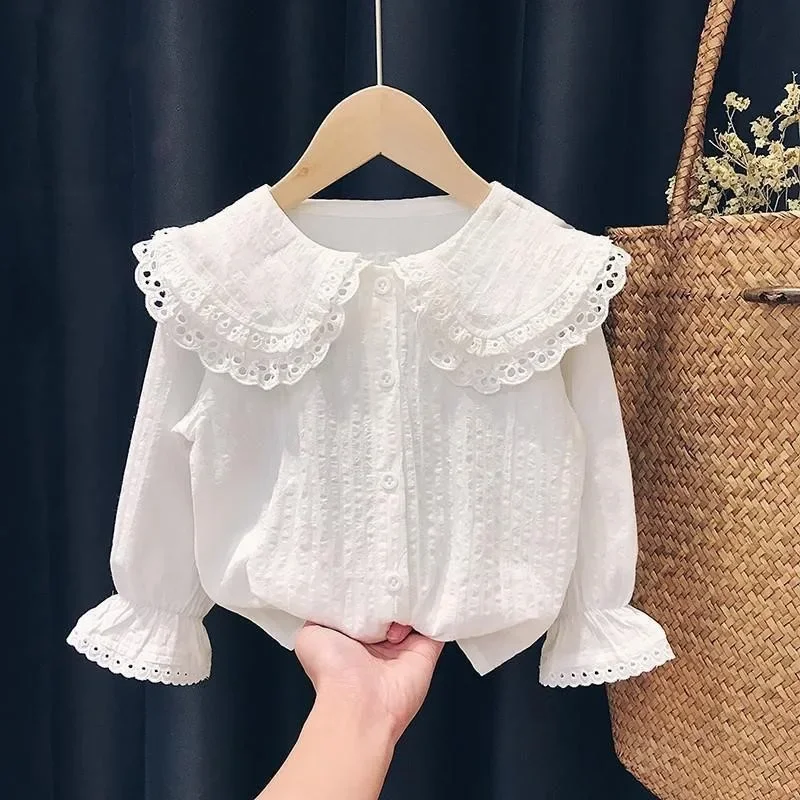 

Korean Little Girl Spring Autumn Shirts Single Breasted Solid Color Lace Collar Long Sleeve Children Girls Tops Baby Girl Shirts