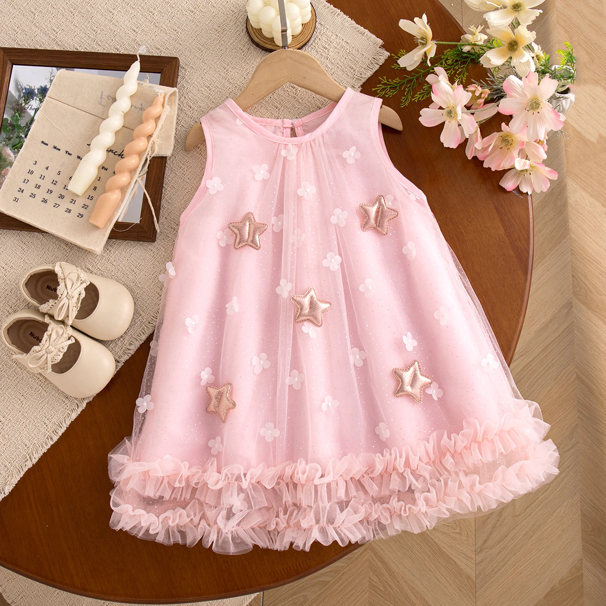 Summer Sweet Pink Star Floral Sleeveless Toddler Fairy Dress Fashion Lovely Shirred Ruffles Baby Girl Birthday Party Tulle Dress