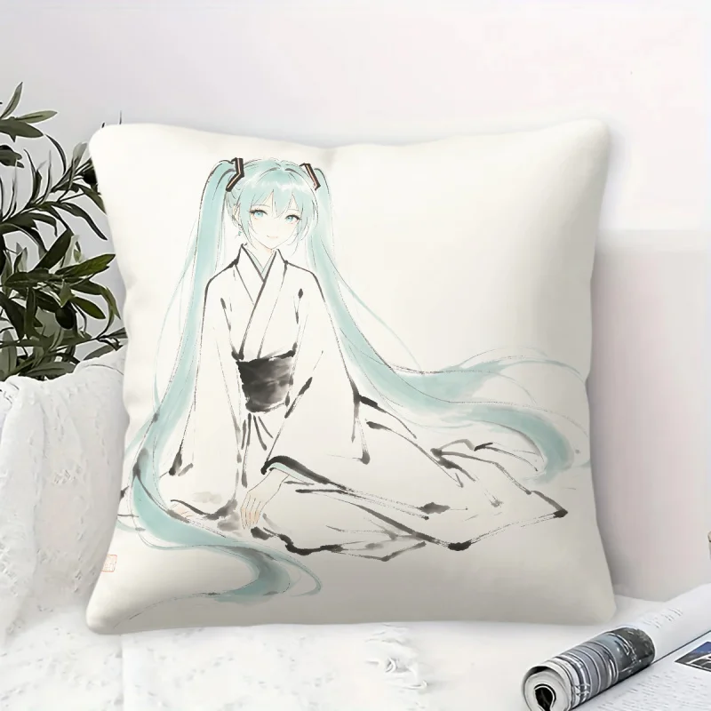 Hatsune Miku Ink Wash Throw Pillow Japanese Kimono Style Anime Cushion for Gaming Room Teen Room Sofa Bedroom Decor Gift for Fan