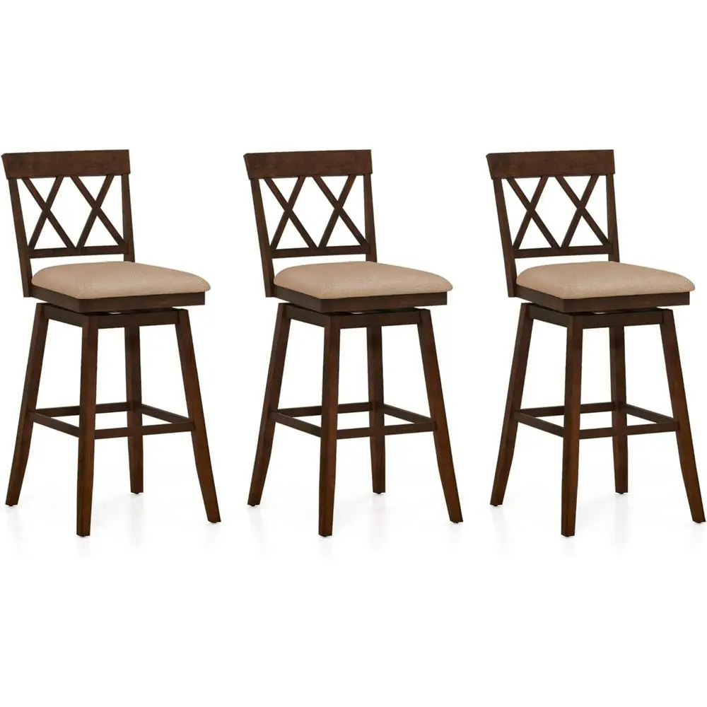 Set of 3 29 Swivel Bar Stools with Solid Rubberwood, Padded Seats & Footrests, Ideal for Kitchen Island, Dining Room, or Pub (Oa