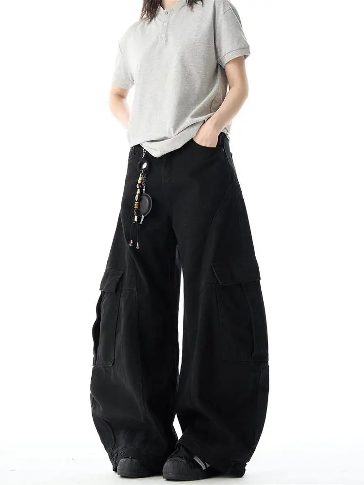 Saimt الأمريكية الرجعية تصميم كبير كيت الربط عمال واسعة الساق فضفاض الجينز الرجال النساء عارضة القطن الدنيم السراويل #1