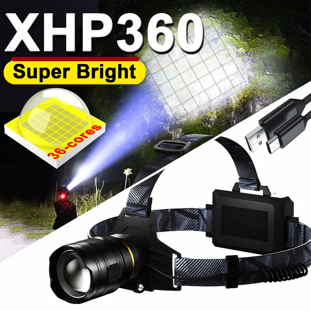 Самый мощный XHP360 36-ядерный налобный фонарь 18650, перезаряжаемый налобный фонарик ZOOM, мощный налобный фонарь, фара для рыбалки