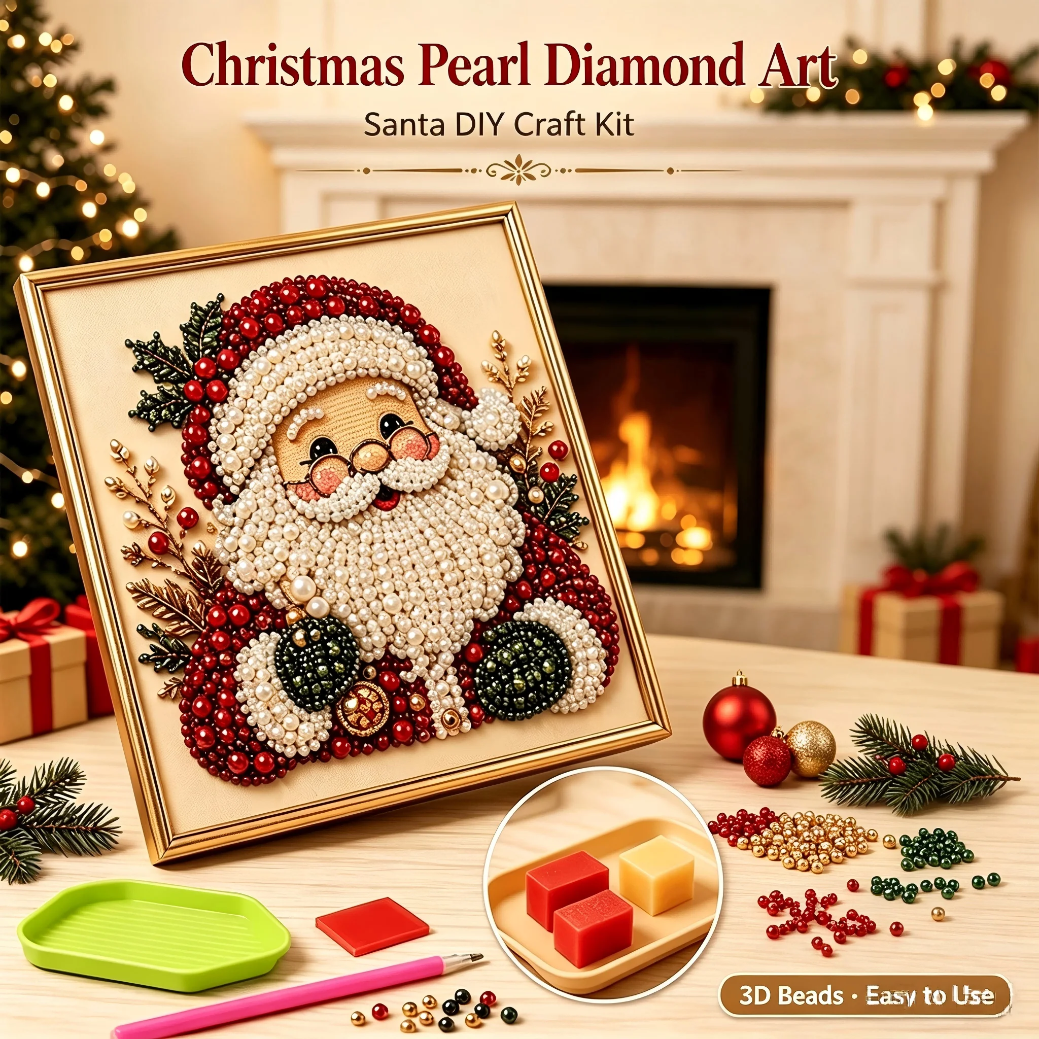 Art Craft Christmas Tree - クリスマス・パール・ダイヤモンド・ペインティングDIYキット。サンタクロース、クリスマスツリー、リースのデザイン。部分的にダイヤモンドを貼り付けて手作りするアート作品。壁飾りやホリデーギフトに最適。