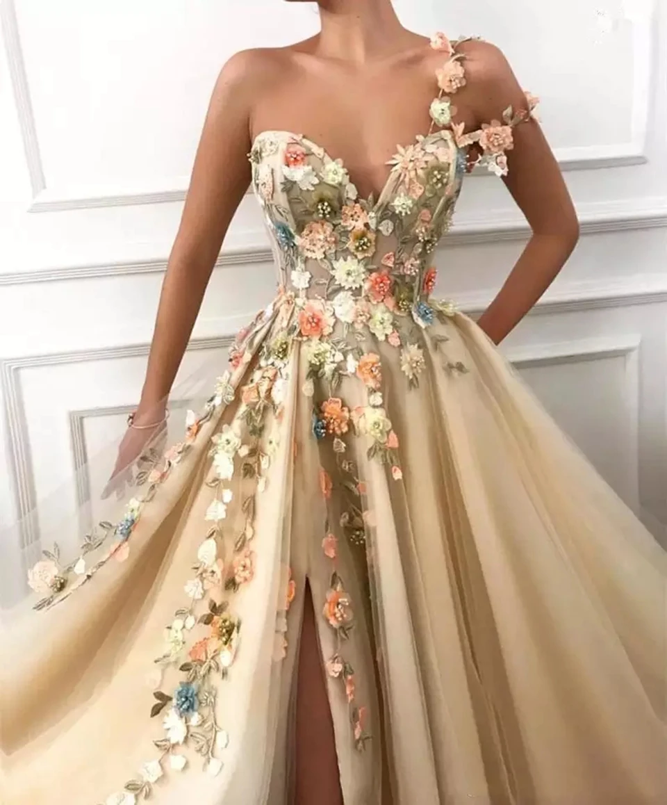 Champagne Flowers Evening Dresses Long 2023 High Split Sweetheart Neck Women Formal Party Night One-Shoulder Prom Gowns