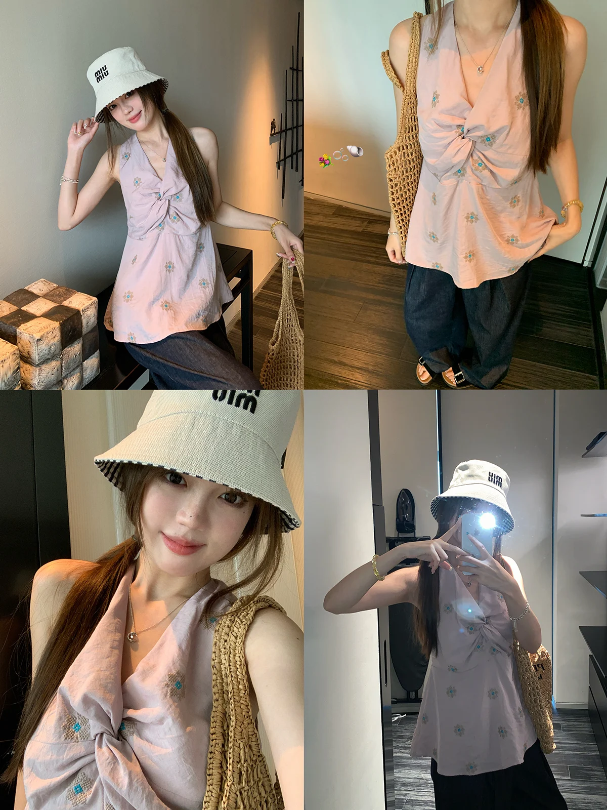 

YOYOZIZHI Women's Slim Fit Embroidered Sleeveless V-Neck Top Summer Outerwear Knot Neck Hanging Small Shirt Cotton 100%