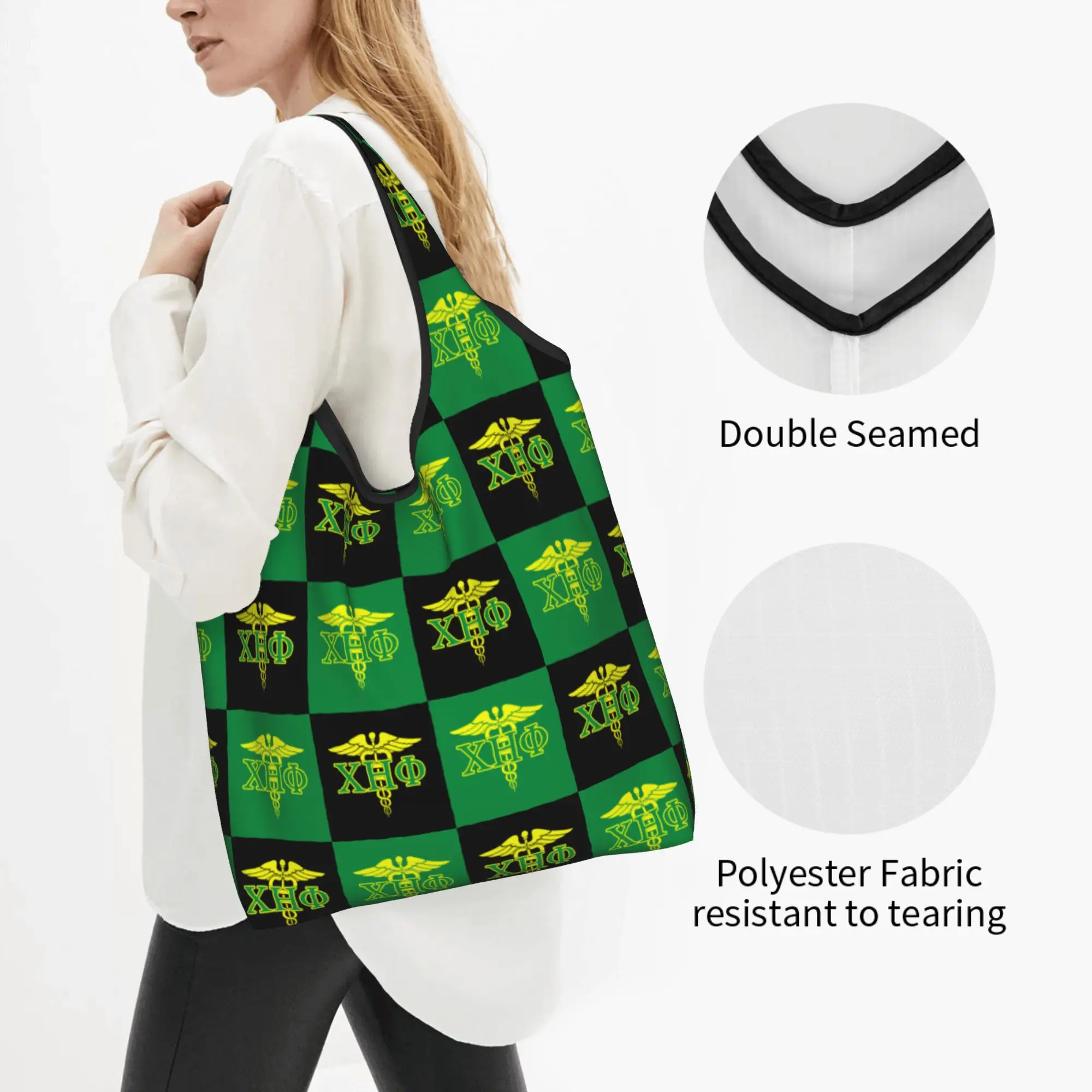 Custom Checkered Plaid CHI ETA PHI  Shopping Bag Women Portable Large Capacity Groceries Sorority Nurse 1932  Shopper Tote Bags