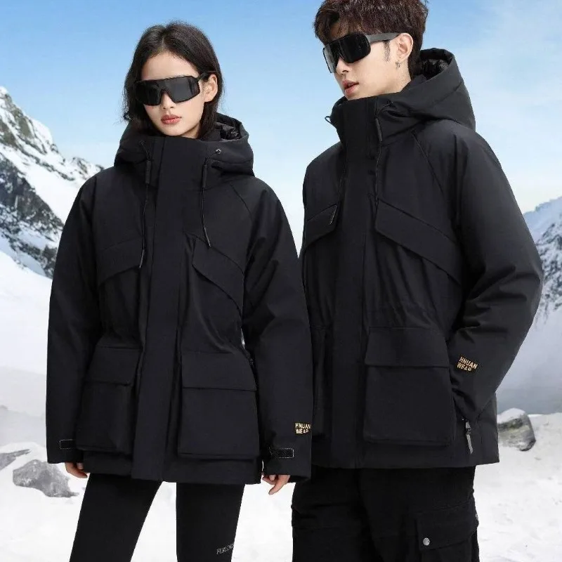 Jaket Pendek Gaya Hitam Emas untuk Pasangan Musim Dingin Tebal Isi Bulu Angsa Putih Fashionable Pakaian Kerja Nyaman Hangat Unisex