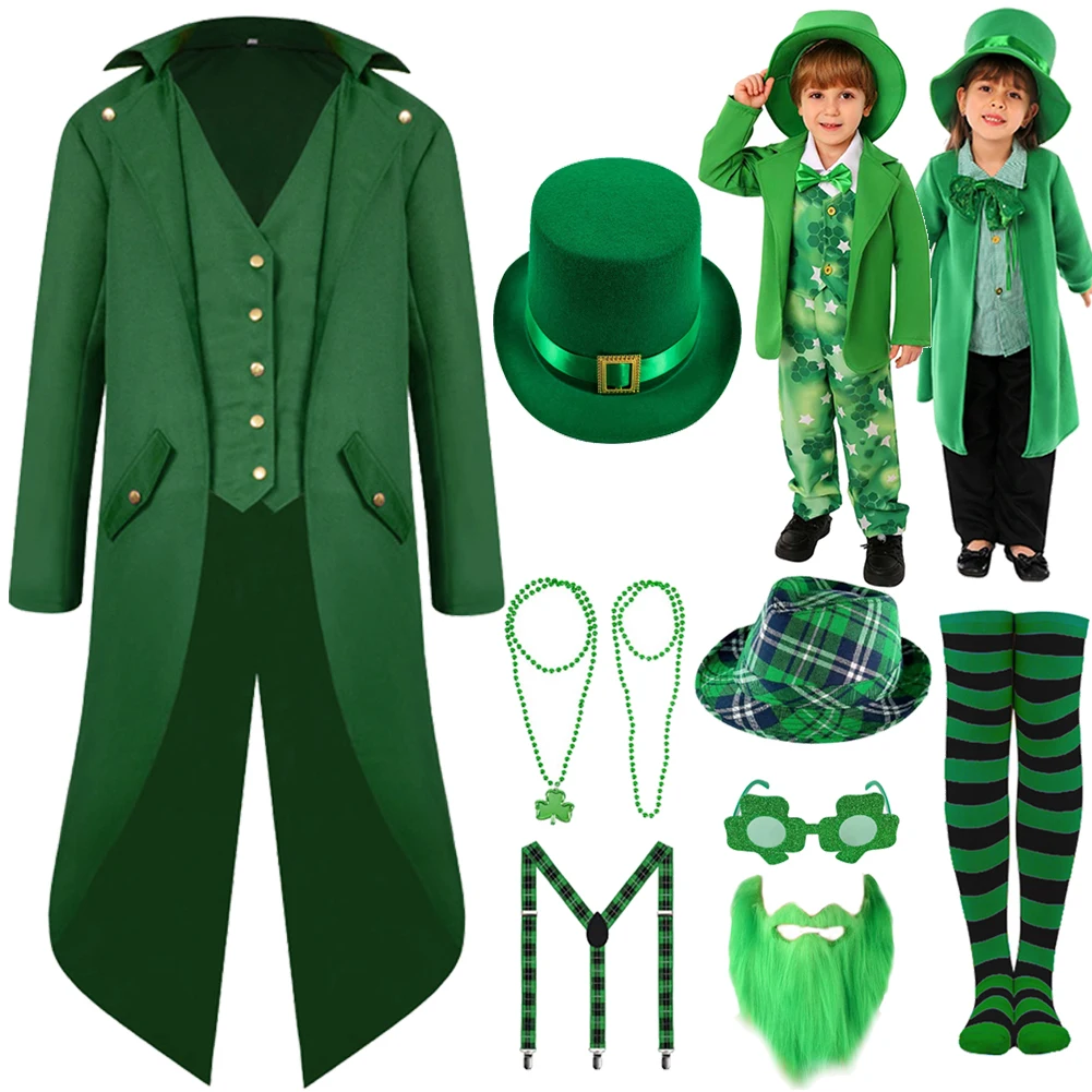 Adult St Patrick's Day Steampunk Retro Cosplay Costume Jacket Coat Hat Men Male Disguise Outfits Halloween Carnival Party Suit