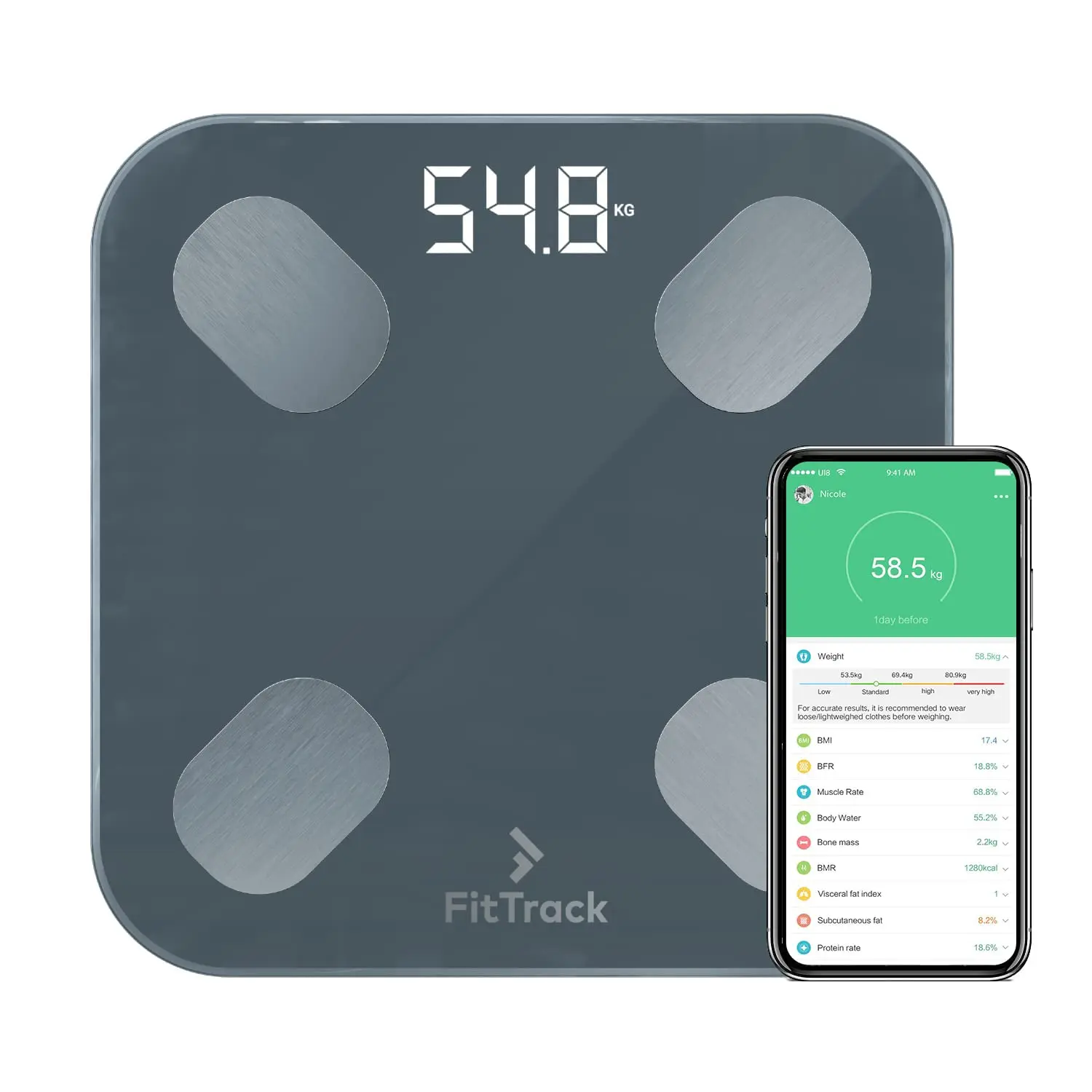 

Smart BMI Digital Scale - Measure Weight & Body Fat with Bluetooth Glass Bathroom Scale (Black)