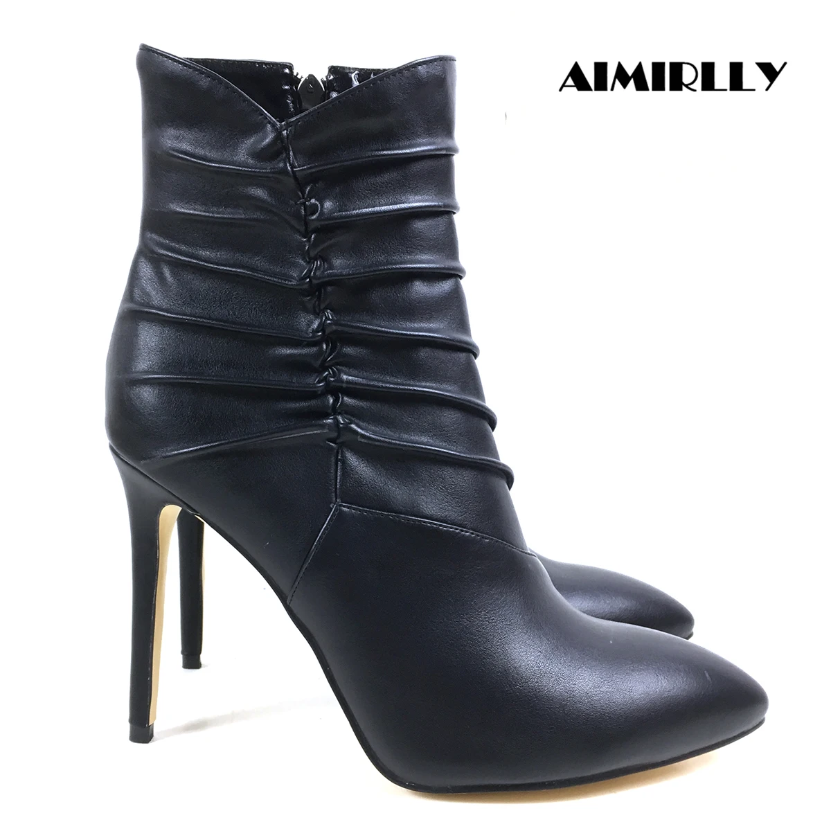 

Women's Ankle Boots Pointed Toe High Heels Shoes Wrinkle Style Autumn Winter Dress Booties Stilettos Customzied Black Zipper