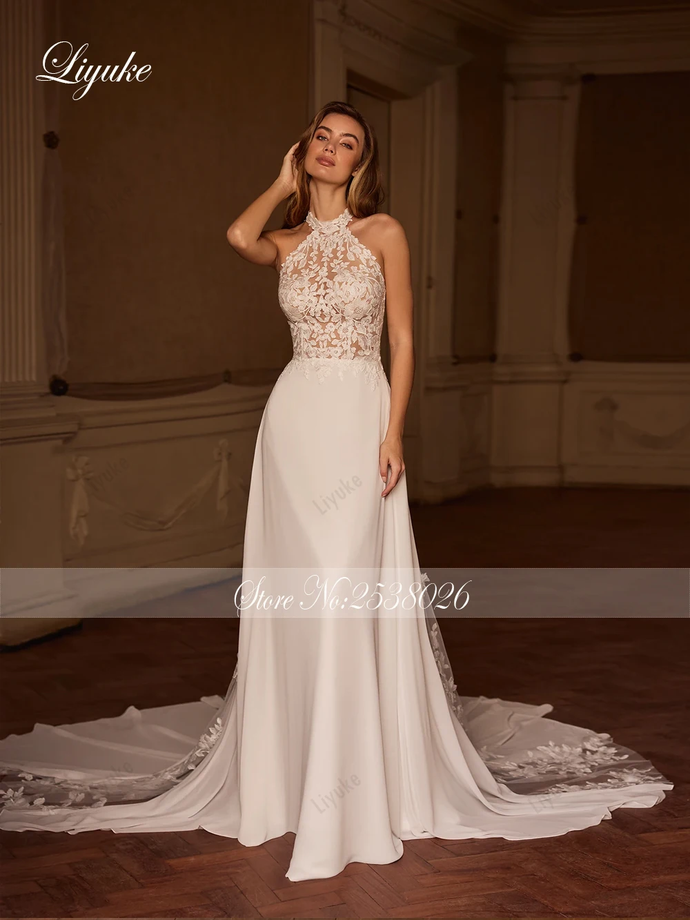 Liyuke Custom Made Beauty Satin And Lace High Collar Wedding Dresses With Backless Sleeveless Bridal Gowns