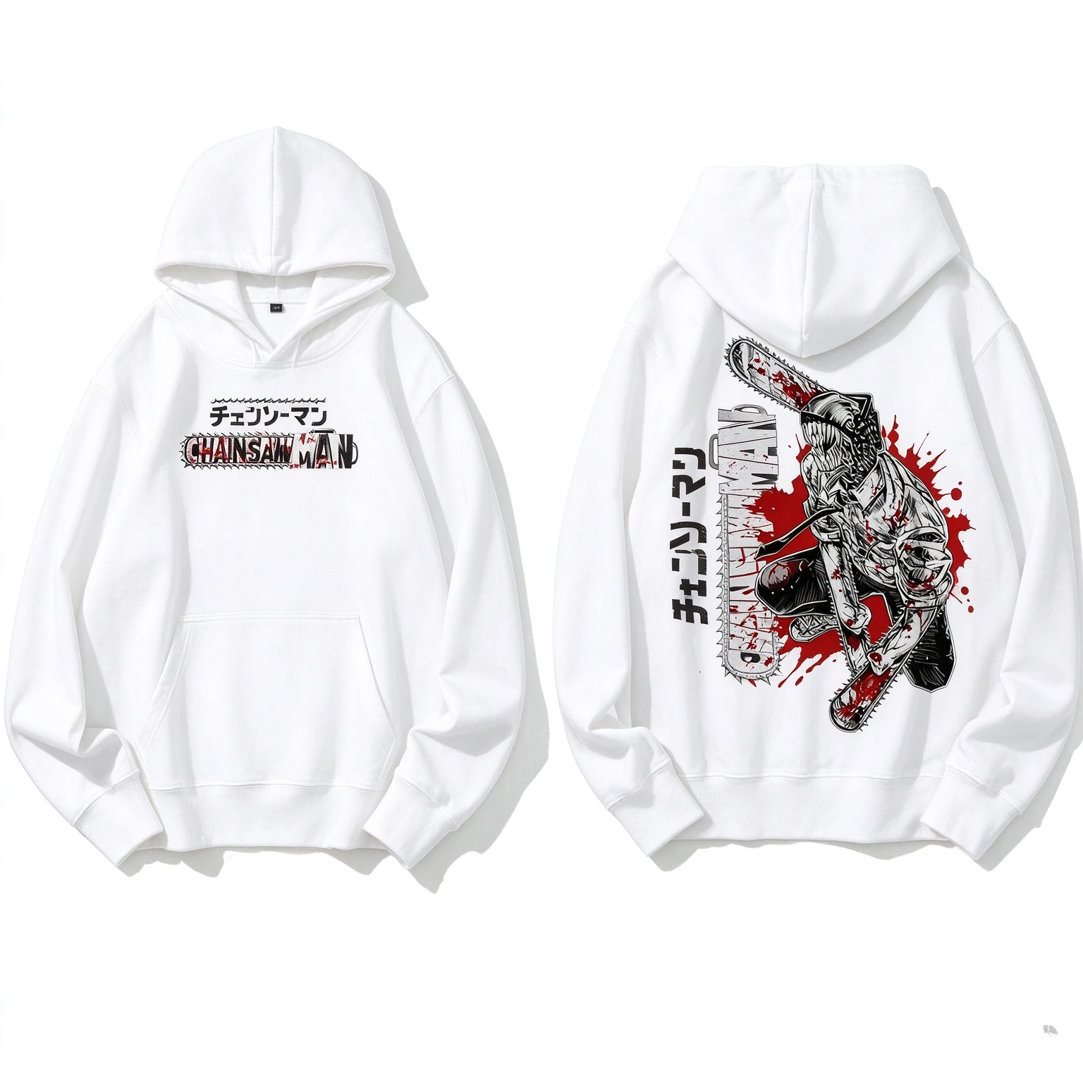 Double Sided Chainsaw Monster Anime Figure Graphic Hoodie Red Splash Manga Print Unisex Pullover Streetwear Top