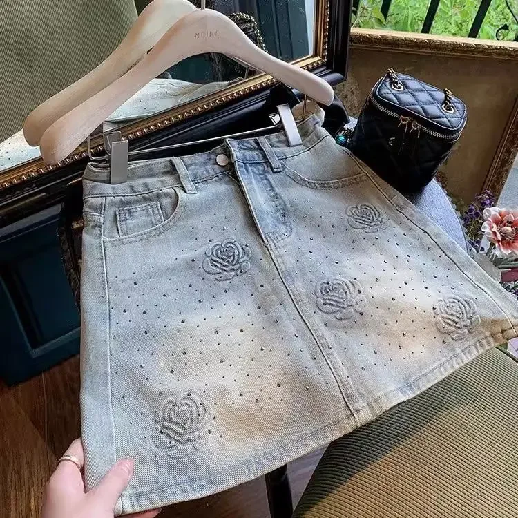 Hot stamping denim short skirt, summer heavy-duty full diamond starry rose anti glare A-line hip wrap skirt