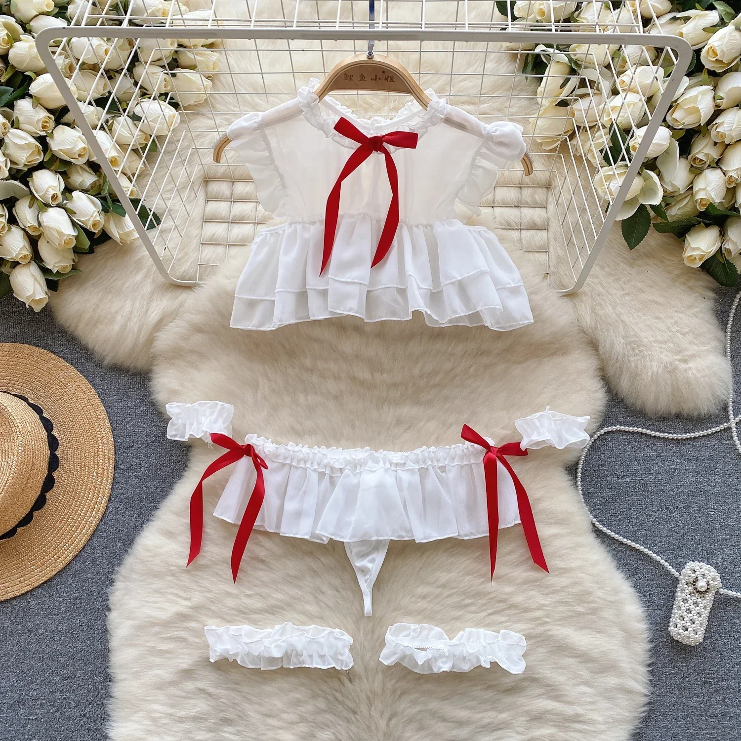 

Sweet Girl Pajamas Flying Sleeves Ruffle Lolita Crop Top Mini Puff Skirt Hand And Leg Loop Four Piece Set Sexy And Transparent