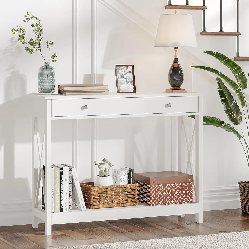

White Console Table with Drawer and Storage Shelves, Foyer Sofa Table Narrow for Entryway, Living Room, Hallway