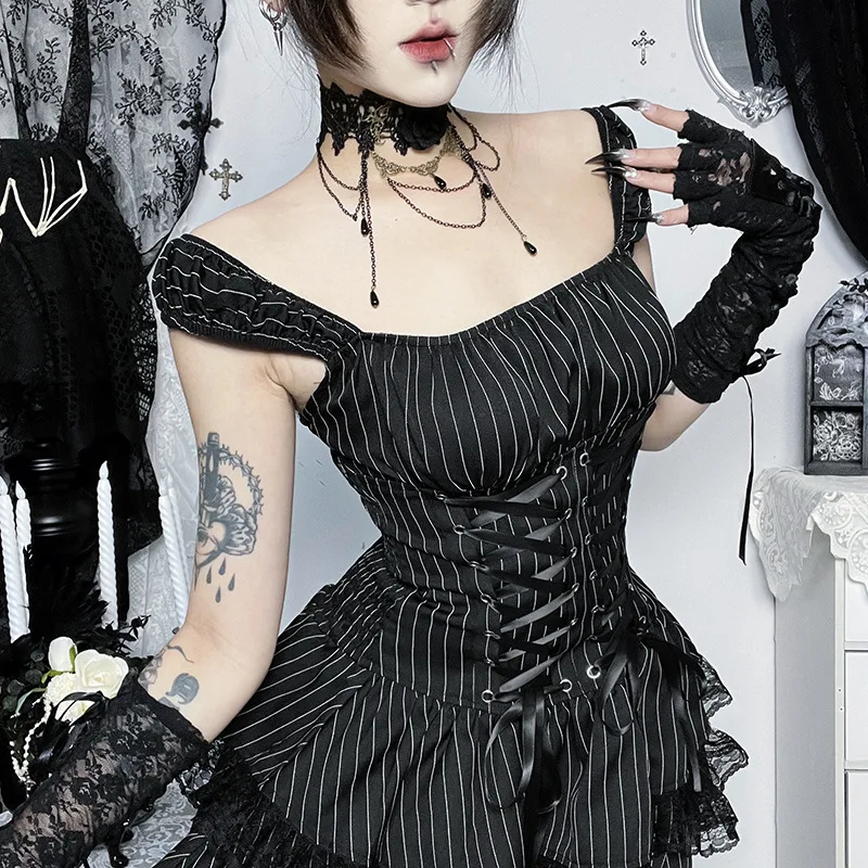 Goth Dark Lolita Y2K Striped Bandage Mini Dress Sweet Lace Stitch Hem Cake Style Party Gown with Straps for Women