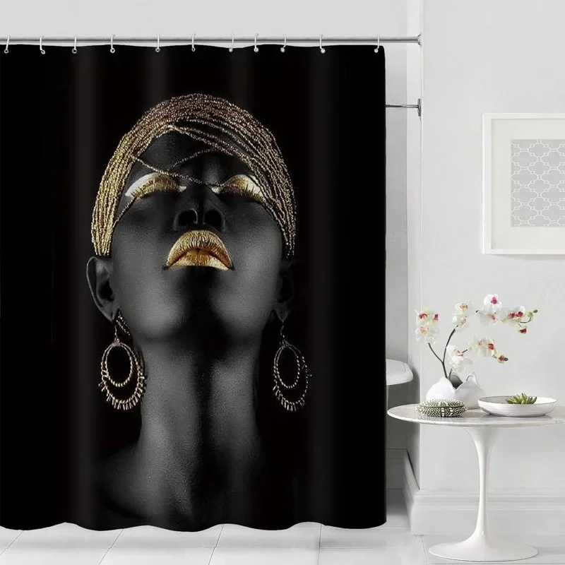 Afro Girl Shower Curtain Black Girl Golden Lips Decor Set with 12 Hooks In Washable Polyester Fabric Bathroom Accessories