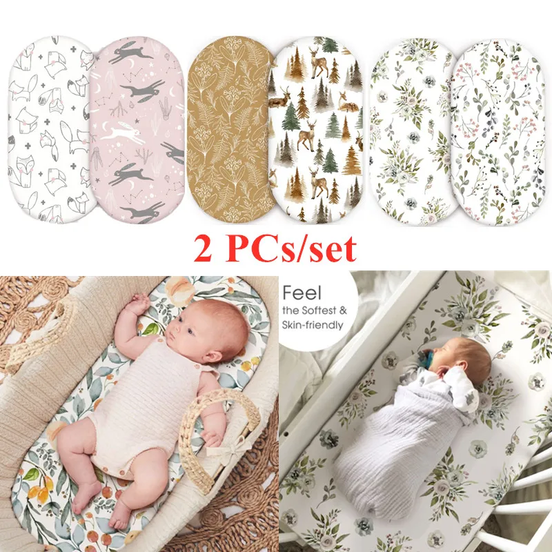 2 PCs Cotton Baby Fitted Sheets Universal Print Bassinet Sheet Mattress Soft Elastic Crib Bed Cover Nursery Baby Changing Mat