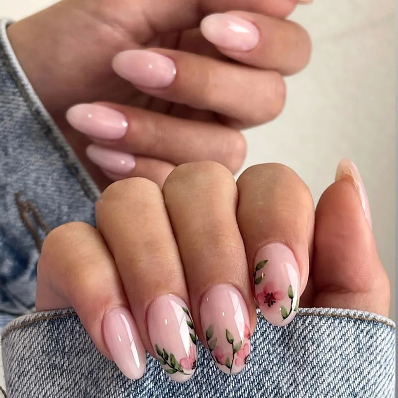 24 pièces jaune Floral français Design bâton sur les ongles Simple frais court ovale amovible manucure Art couverture complète faux ongles presse Ons