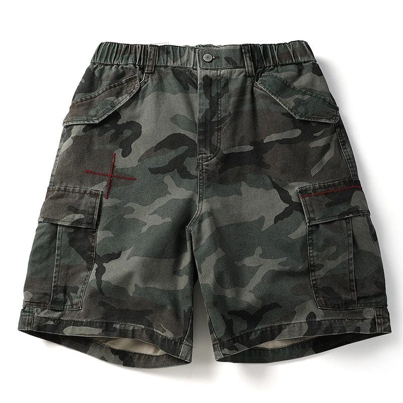 

Японские винтажные шорты-карго с вышивкой красной нитью и эффектом энзимной стирки, камуфляжные, летние, свободные, модные, повседневные, для мужчин