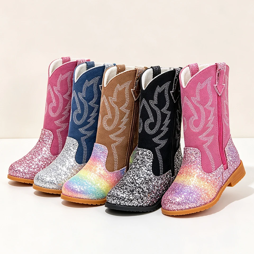 Winter Plush Little Girls Shiny Sequins Cowboy Boots Sparkly Western Cowgirl Mid Calf Boots Halloween Cosplay Elegant Footwear