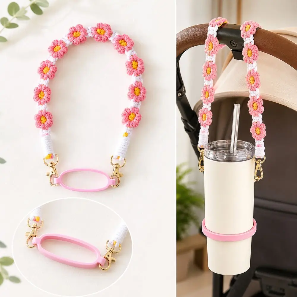 New Silicone Cup Holder Lanyard Polyester Crochet Daisy Flowers Water Bottle Strap Tumbler Carrying Strap Walking