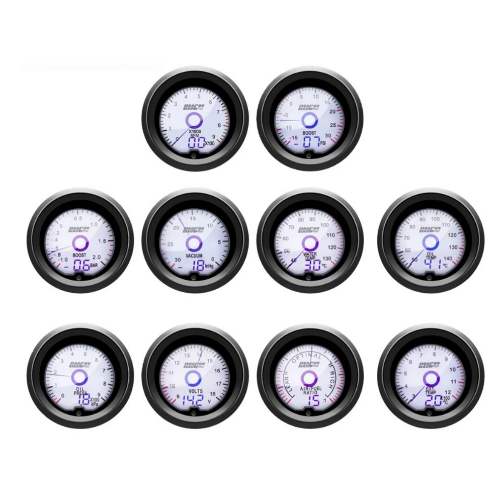 52mm Car Water Temp Oil Temp Oil Press Tachometer RPM Vacuum Boost Exhaust Temp Voltmeter LCD Digital Display 7 Colors Car Gauge